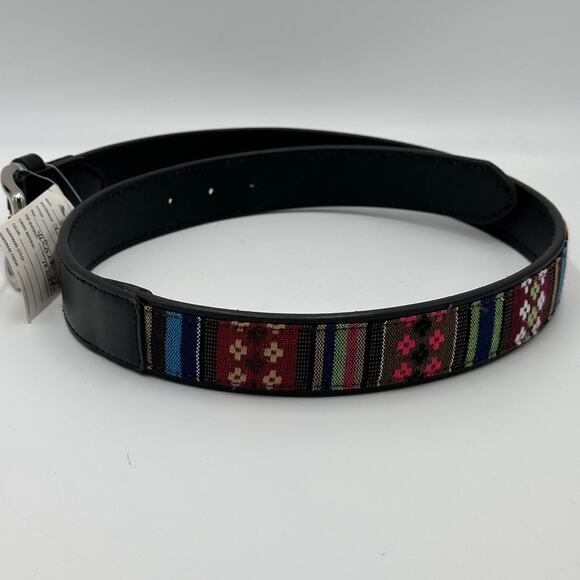 NWT Black Leather Multicolor Cotton Fabric Inlay Silvertone Metal Buckle Belt M - Picture 4 of 12
